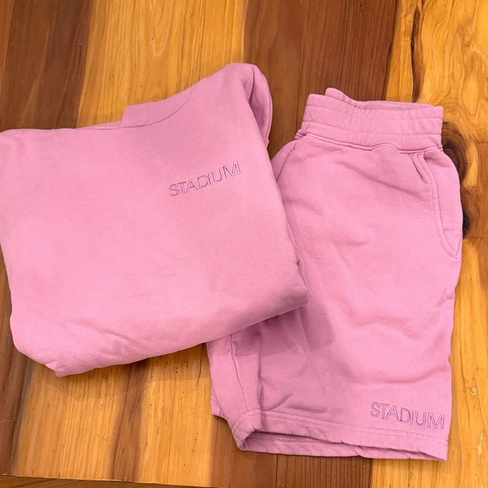 Stadium goods brand pink hoodie and shorts set -